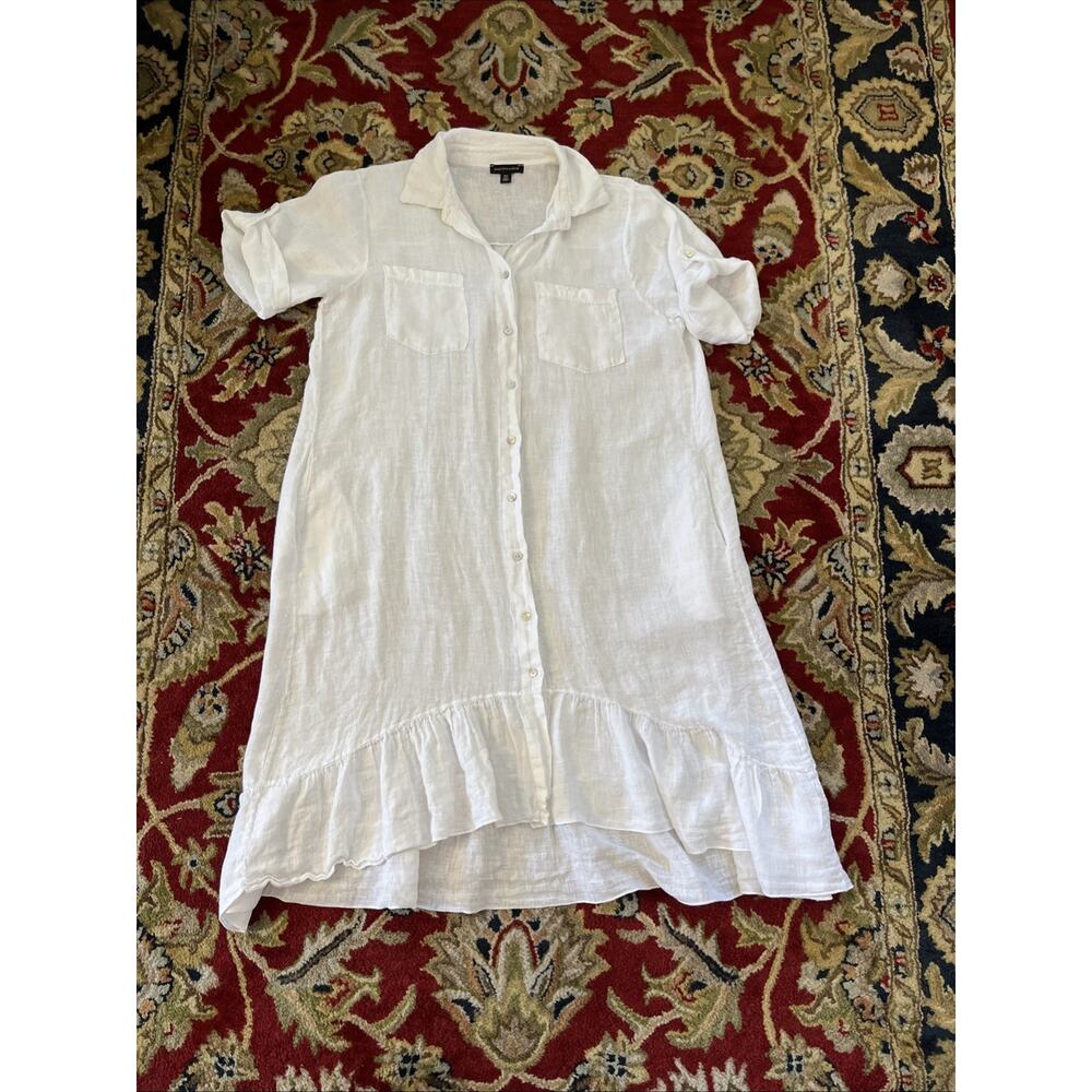 Saks Fifth Avenue L 100% Linen White Dress Button Down Tiered Ruffle Pocket Boho - Picture 5 of 11